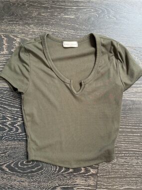 Olive Short Sleeve Notch Neck Top